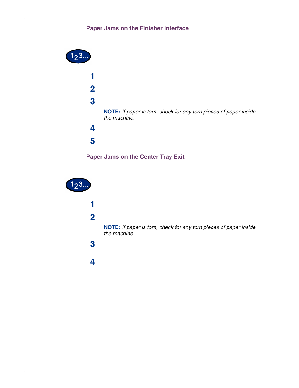 Paper jams on the finisher interface, Paper jams on the center tray exit | HP 3535 User Manual | Page 241 / 268