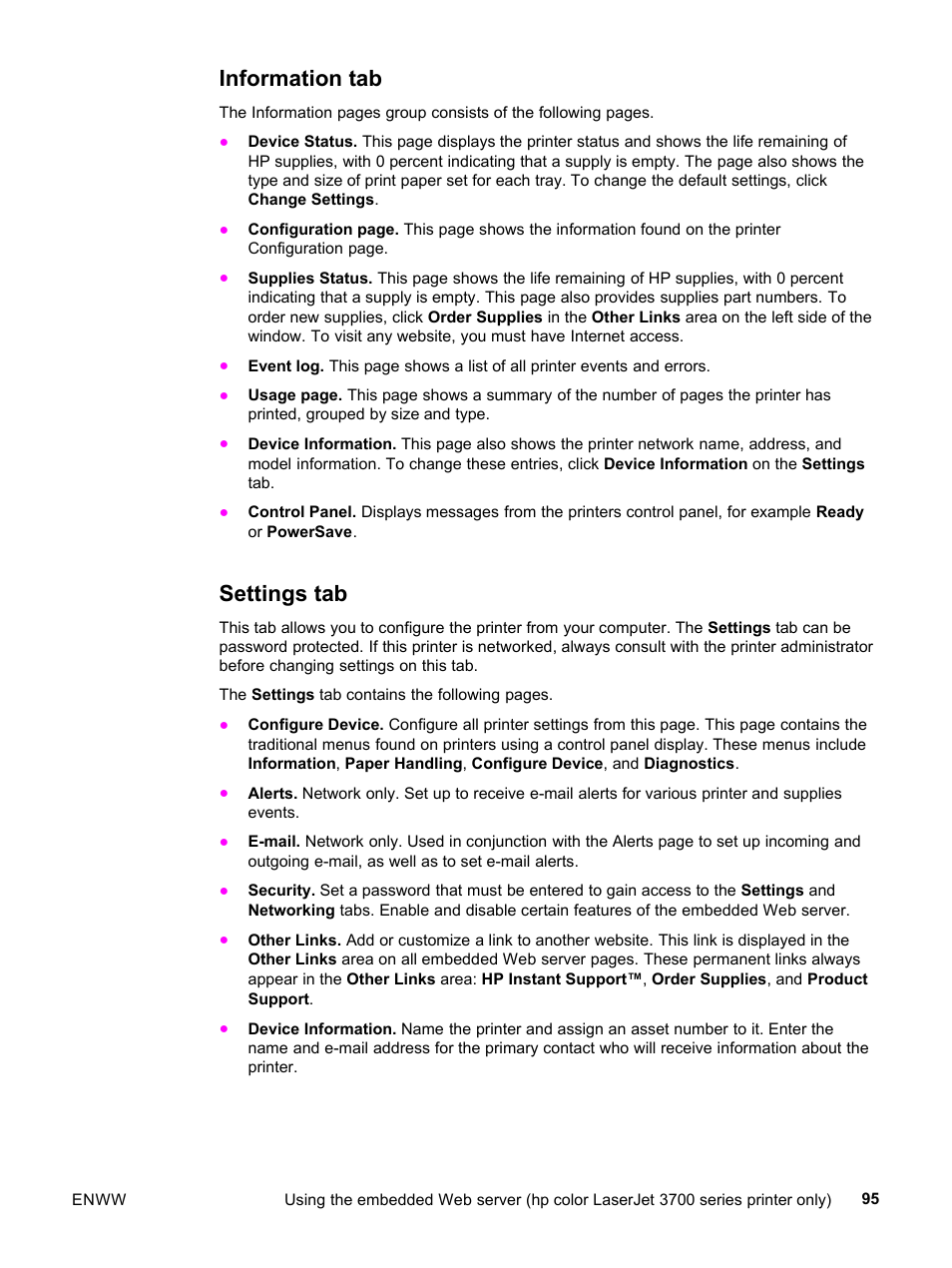 Information tab, Settings tab, Information tab settings tab | HP 3500 User Manual | Page 107 / 252