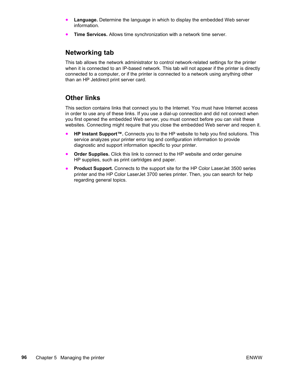 Networking tab, Other links, Networking tab other links | HP 3500 User Manual | Page 108 / 252