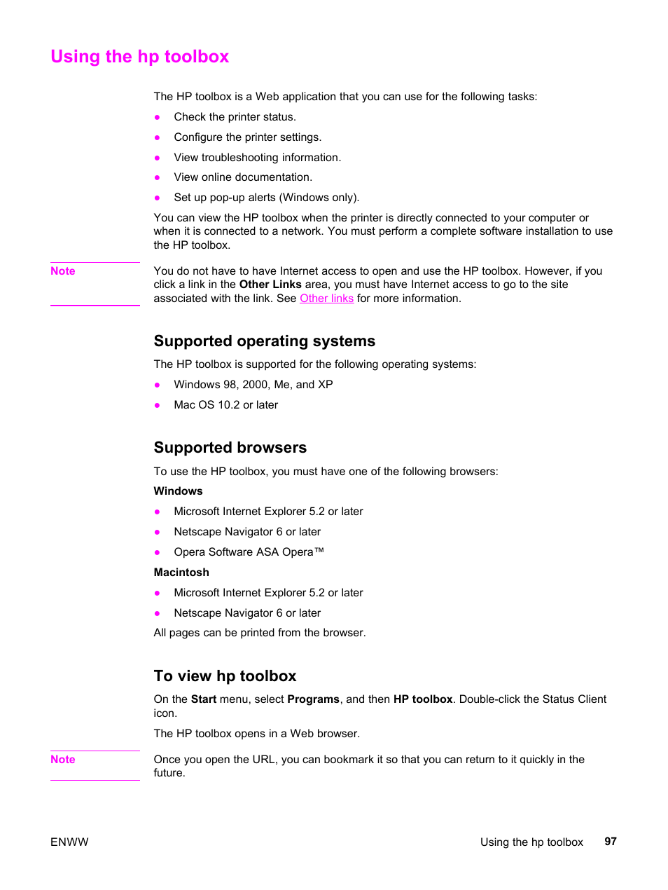 Using the hp toolbox, Supported operating systems, Supported browsers | To view hp toolbox | HP 3500 User Manual | Page 109 / 252