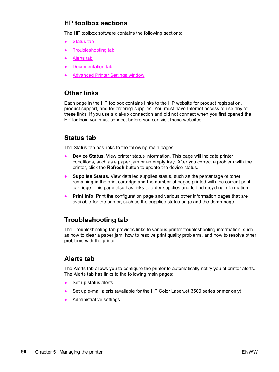 Hp toolbox sections, Other links, Status tab | Troubleshooting tab, Alerts tab | HP 3500 User Manual | Page 110 / 252