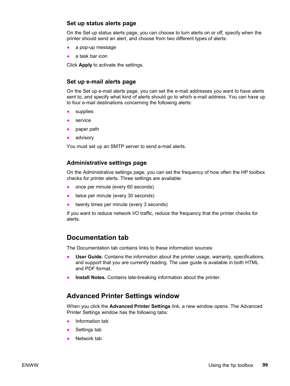 Documentation tab, Advanced printer settings window, Documentation tab advanced printer settings window | HP 3500 User Manual | Page 111 / 252