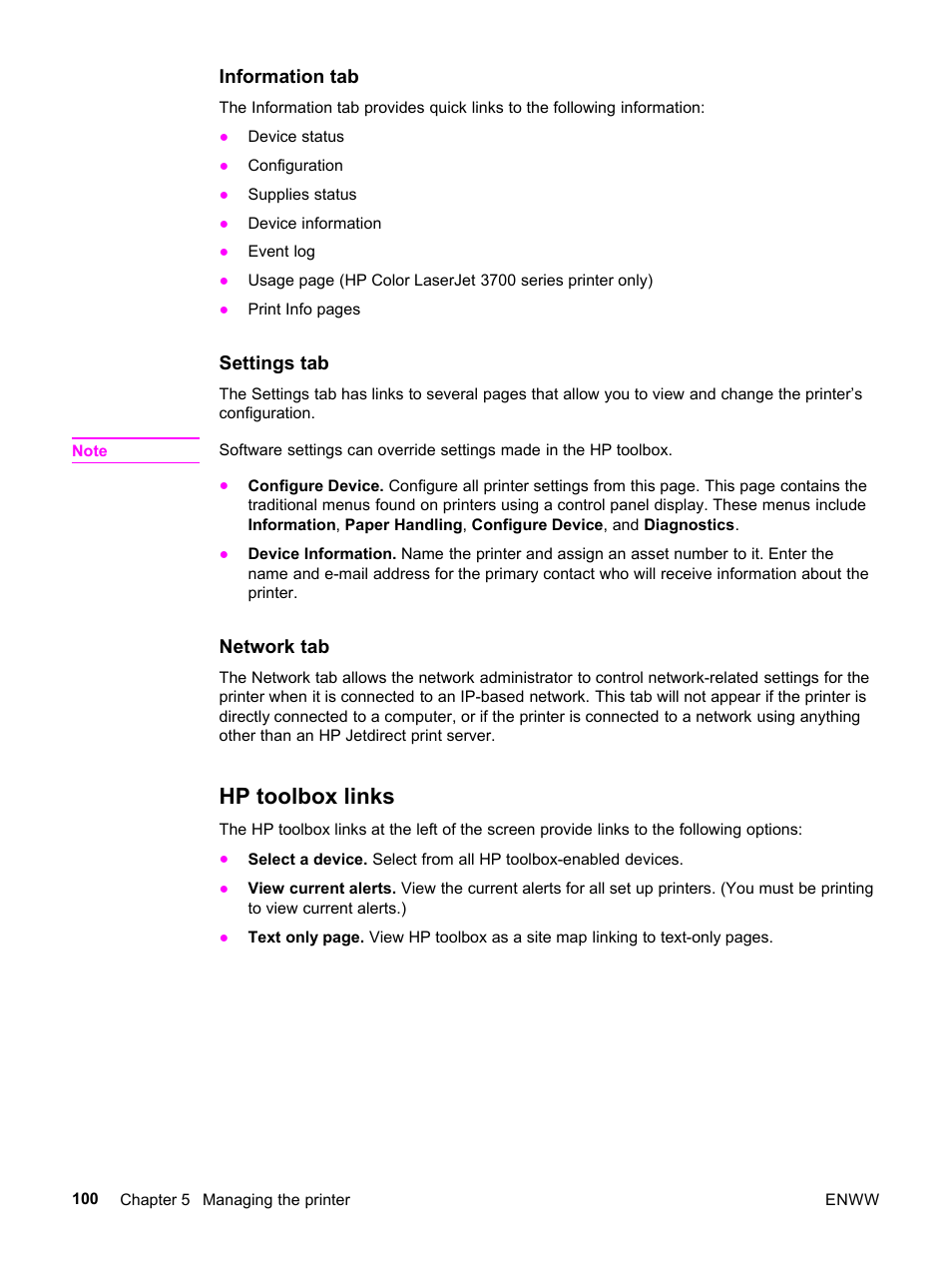 Hp toolbox links | HP 3500 User Manual | Page 112 / 252