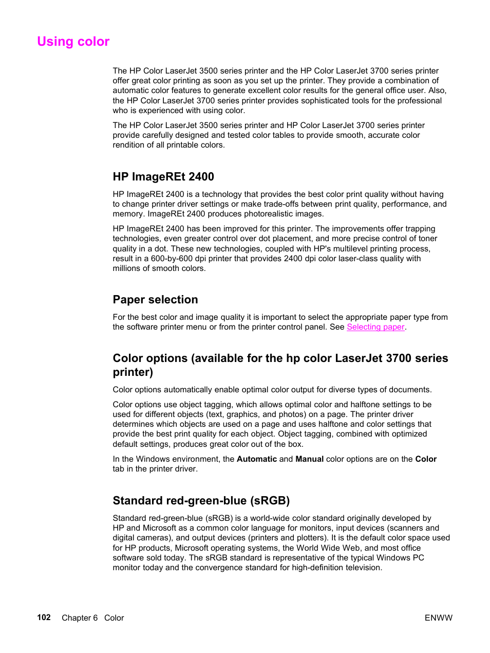 Using color, Hp imageret 2400, Paper selection | Standard red-green-blue (srgb) | HP 3500 User Manual | Page 114 / 252