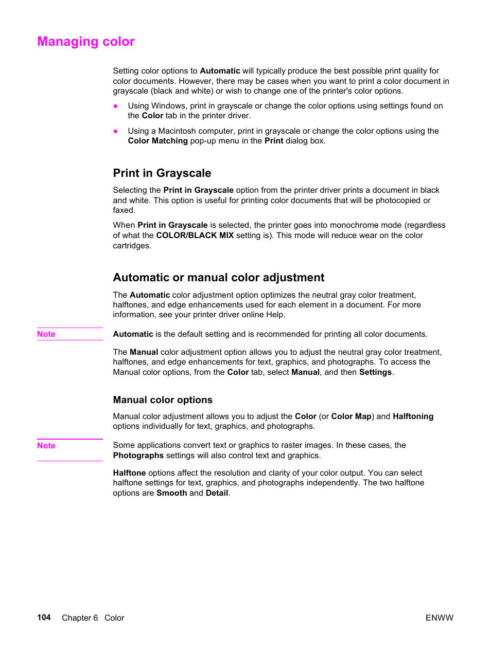 Managing color, Print in grayscale, Automatic or manual color adjustment | HP 3500 User Manual | Page 116 / 252