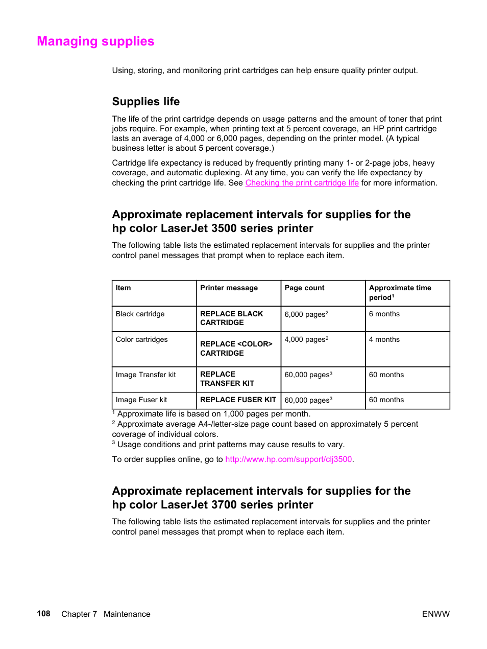 Managing supplies, Supplies life | HP 3500 User Manual | Page 120 / 252