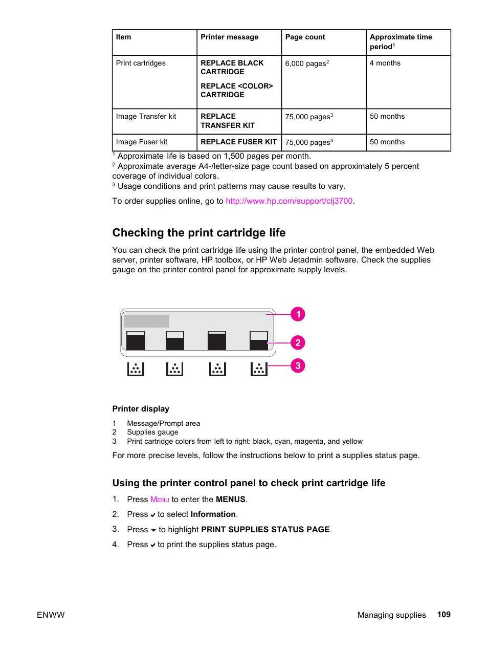 Checking the print cartridge life | HP 3500 User Manual | Page 121 / 252