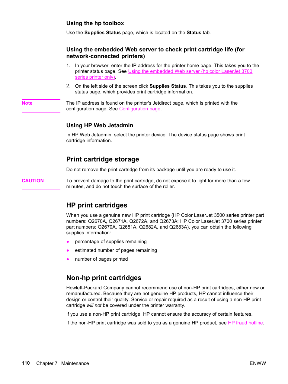 Print cartridge storage, Hp print cartridges, Non-hp print cartridges | HP 3500 User Manual | Page 122 / 252