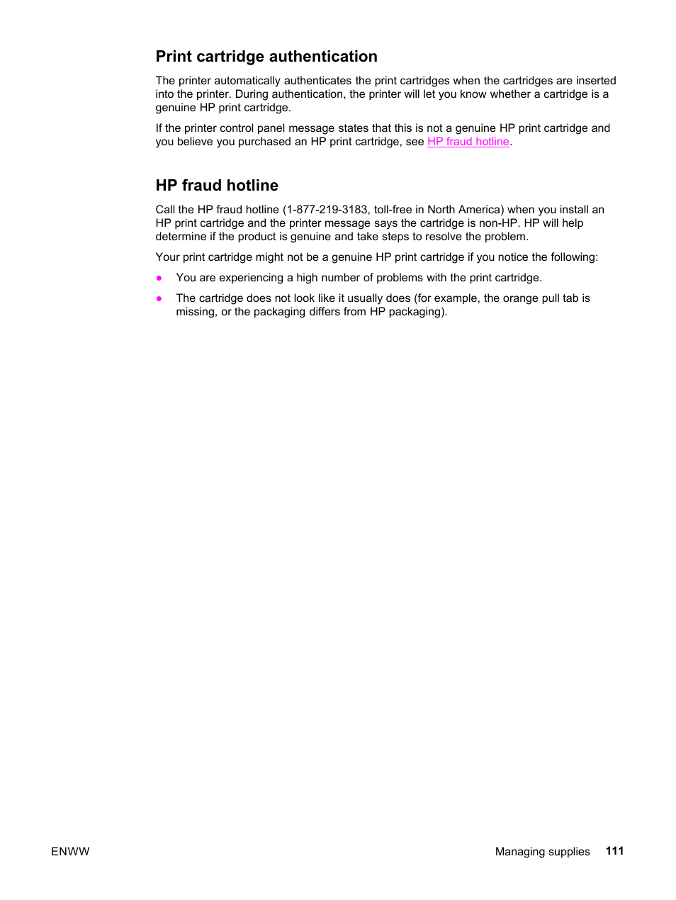 Print cartridge authentication, Hp fraud hotline, Print cartridge authentication hp fraud hotline | HP 3500 User Manual | Page 123 / 252
