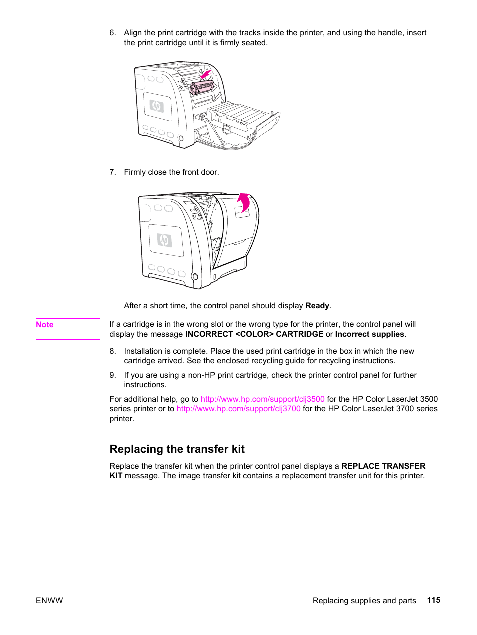 Replacing the transfer kit | HP 3500 User Manual | Page 127 / 252
