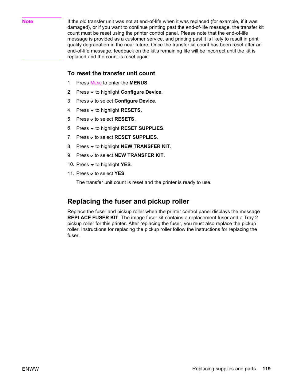 Replacing the fuser and pickup roller | HP 3500 User Manual | Page 131 / 252