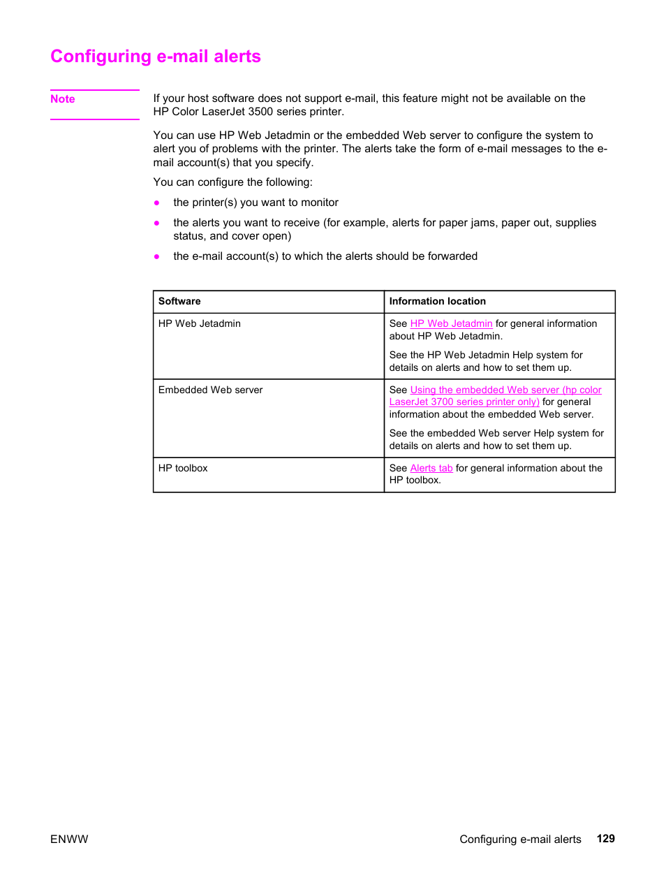 Configuring e-mail alerts | HP 3500 User Manual | Page 141 / 252