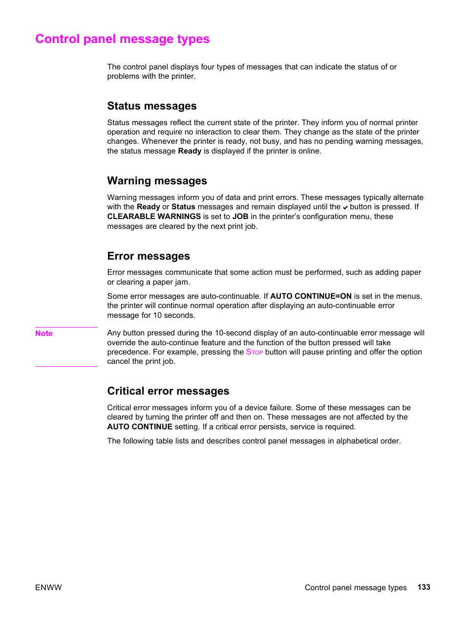 Control panel message types, Status messages, Warning messages | Error messages, Critical error messages | HP 3500 User Manual | Page 145 / 252