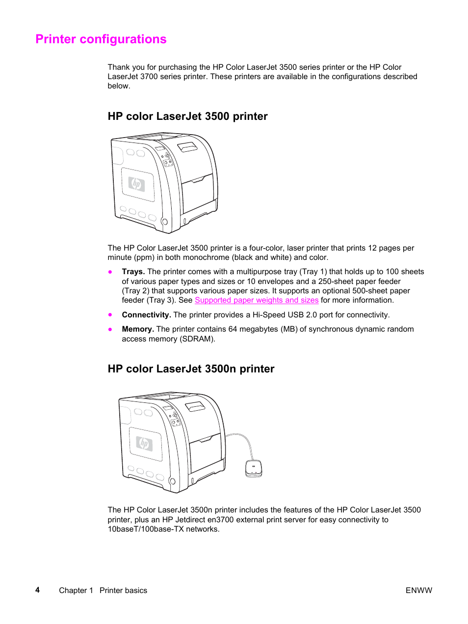 Printer configurations, Hp color laserjet 3500 printer, Hp color laserjet 3500n printer | HP 3500 User Manual | Page 16 / 252