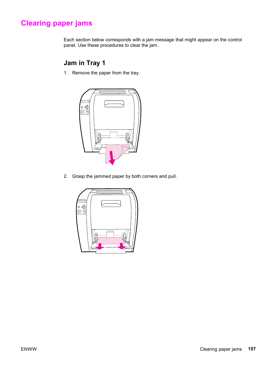 Clearing paper jams, Jam in tray 1 | HP 3500 User Manual | Page 169 / 252