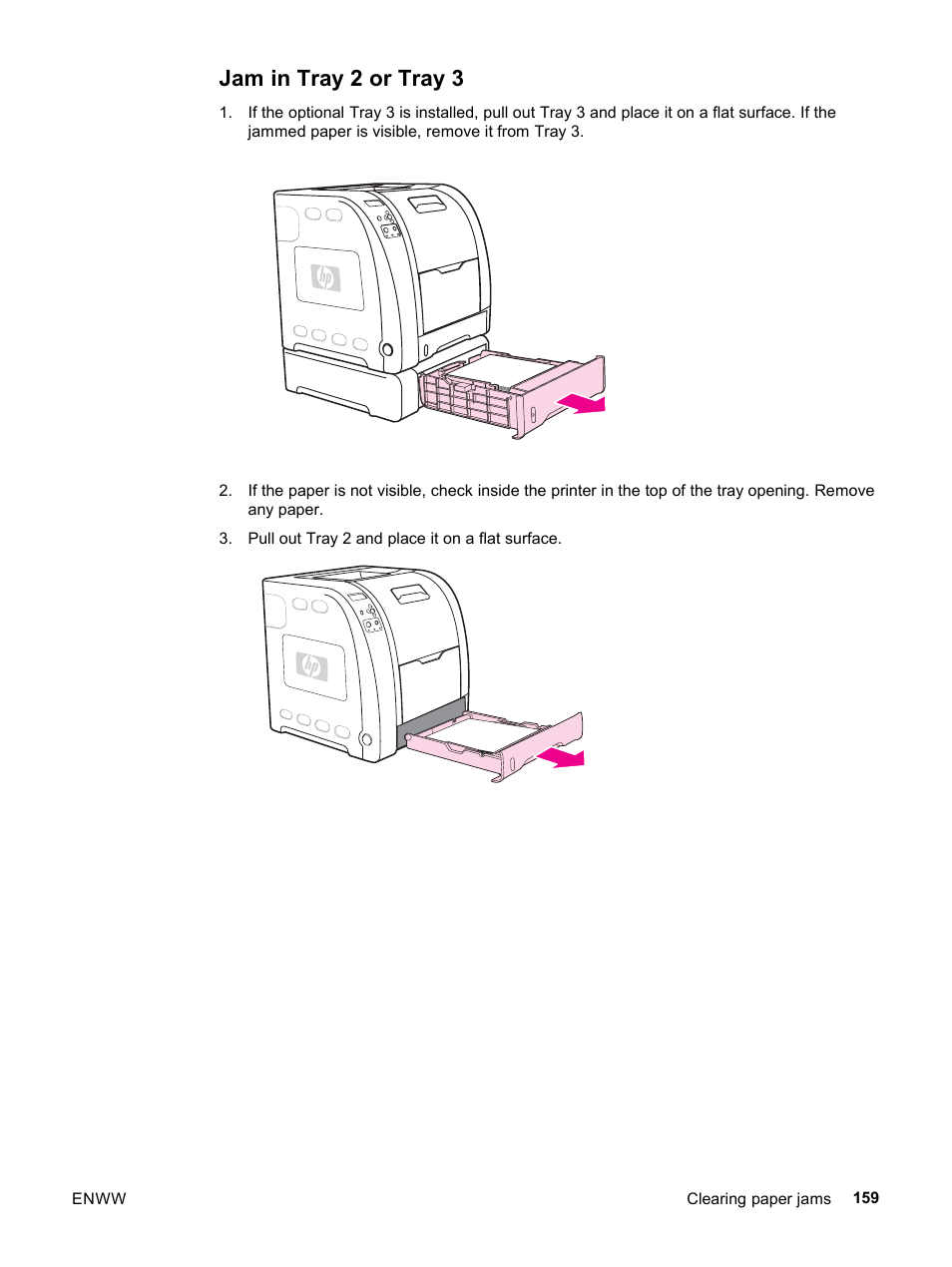 Jam in tray 2 or tray 3 | HP 3500 User Manual | Page 171 / 252