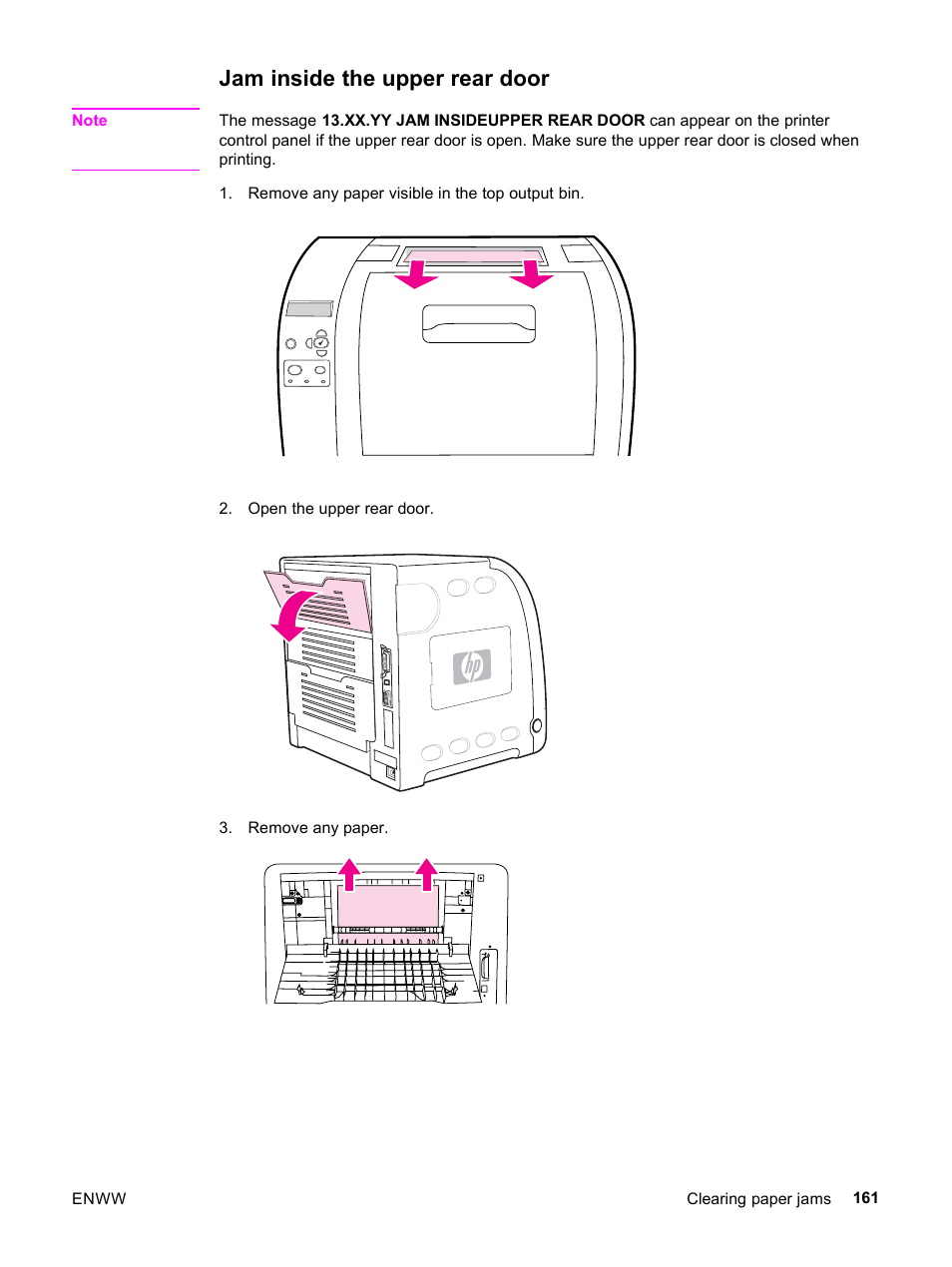 Jam inside the upper rear door | HP 3500 User Manual | Page 173 / 252