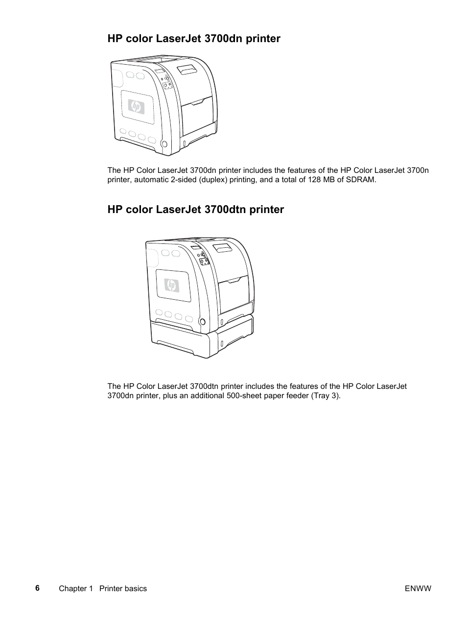 Hp color laserjet 3700dn printer, Hp color laserjet 3700dtn printer | HP 3500 User Manual | Page 18 / 252