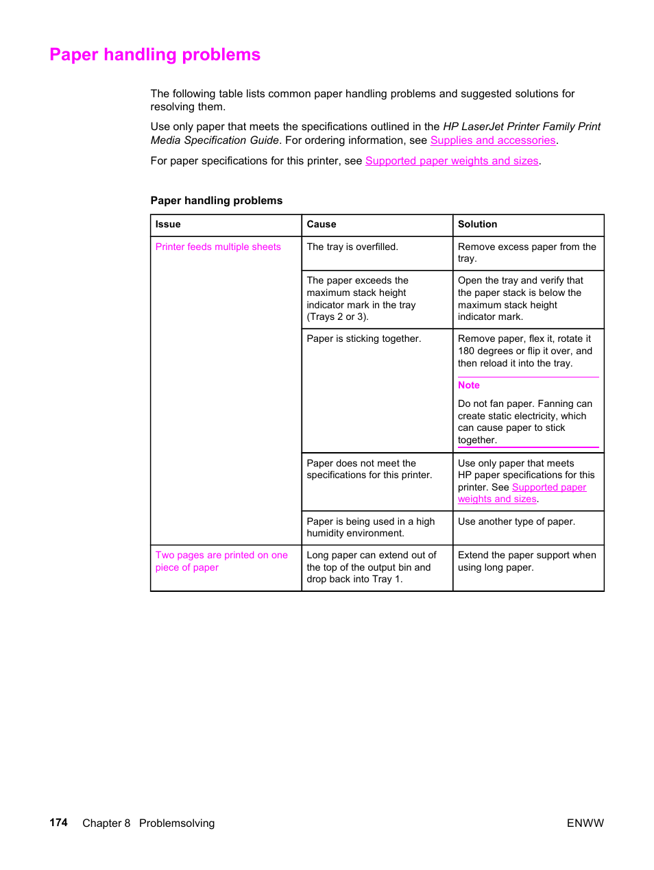 Paper handling problems | HP 3500 User Manual | Page 186 / 252