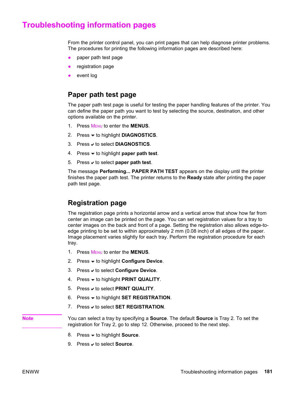 Troubleshooting information pages, Paper path test page, Registration page | HP 3500 User Manual | Page 193 / 252