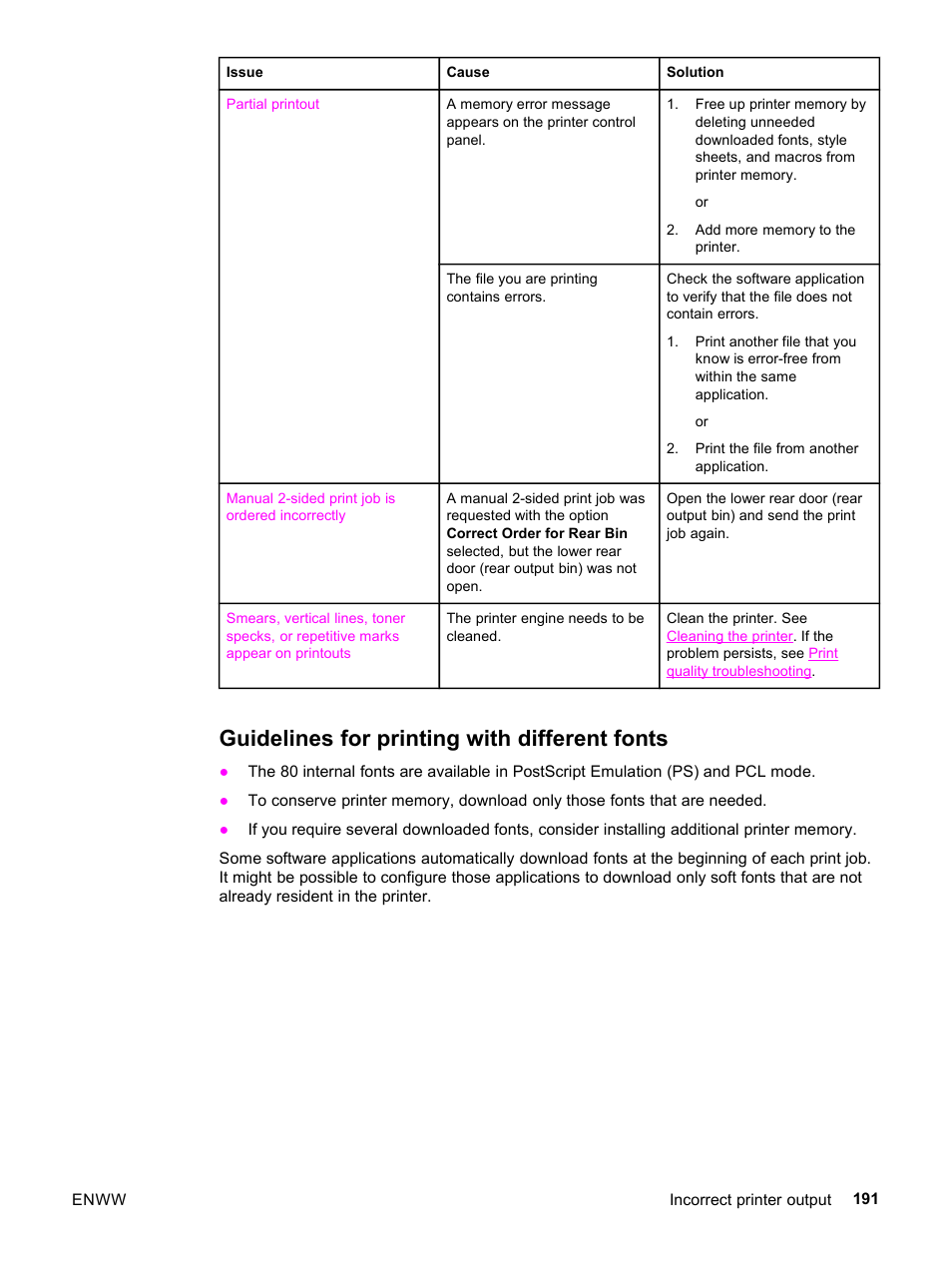 Guidelines for printing with different fonts | HP 3500 User Manual | Page 203 / 252