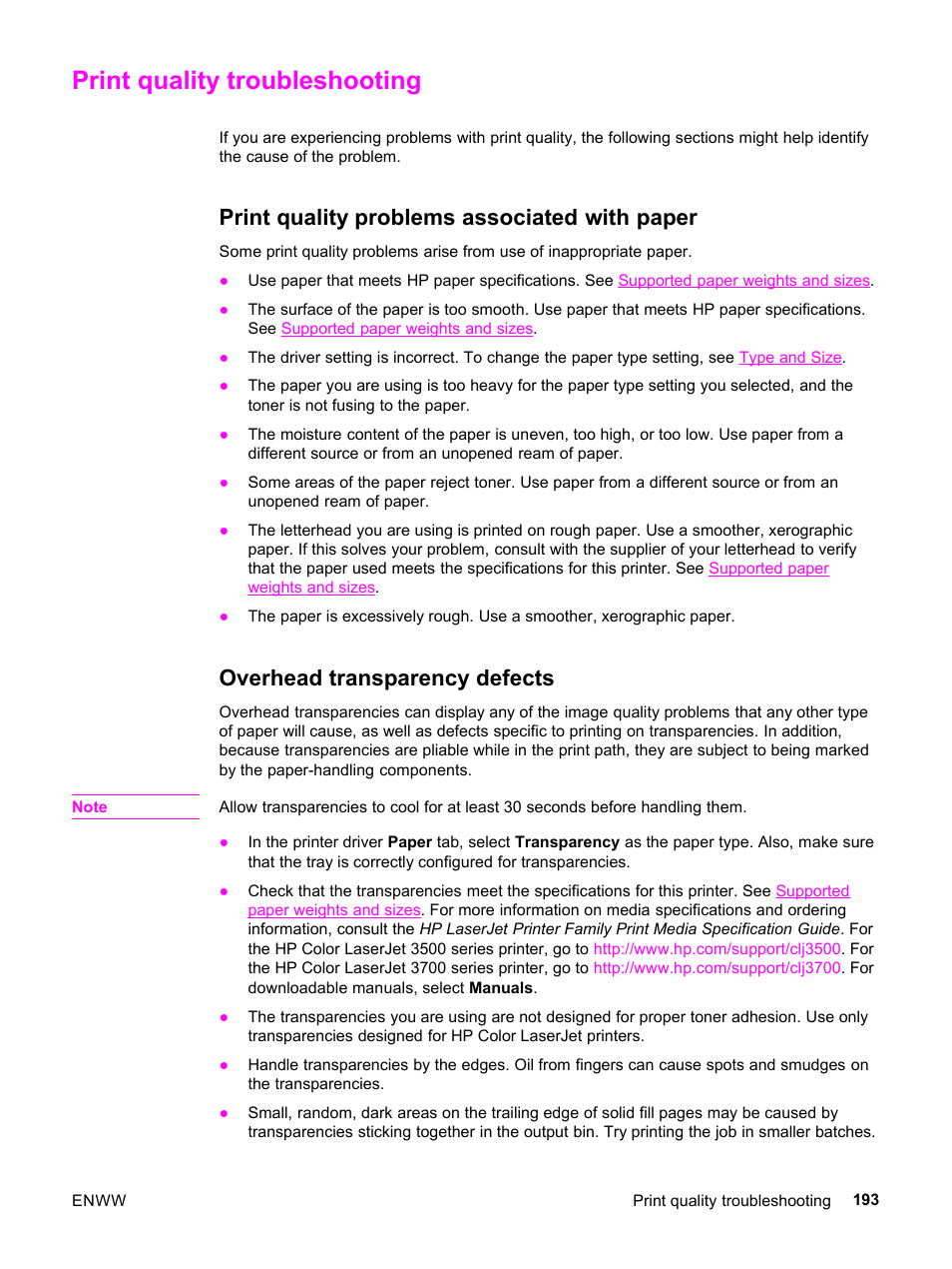 Print quality troubleshooting, Print quality problems associated with paper, Overhead transparency defects | Print, Quality troubleshooting | HP 3500 User Manual | Page 205 / 252