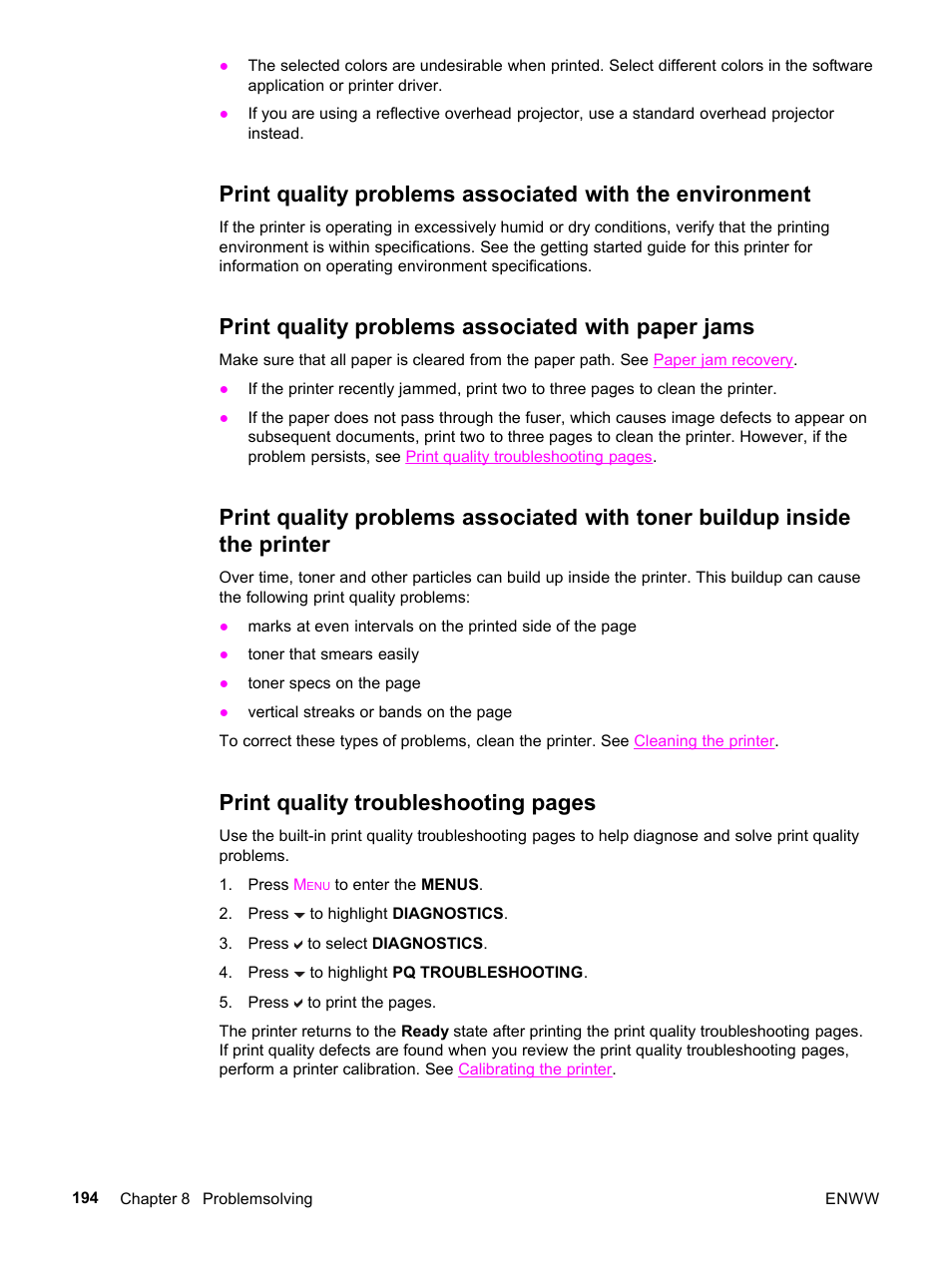 Print quality problems associated with paper jams, Print quality troubleshooting pages | HP 3500 User Manual | Page 206 / 252