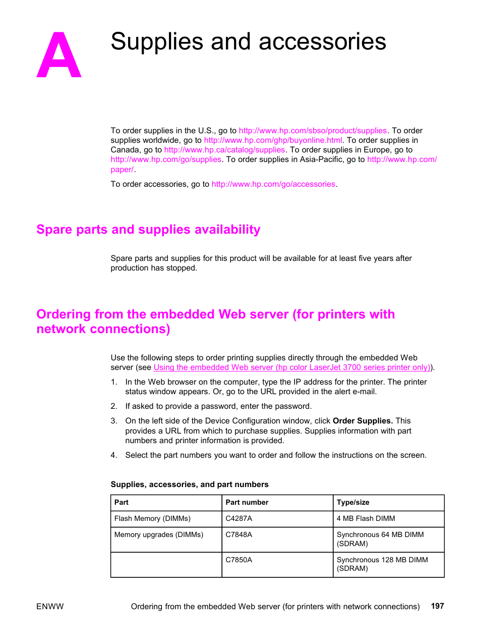 Supplies and accessories, Spare parts and supplies availability, Appendix a supplies and accessories | Supplies and, Accessories | HP 3500 User Manual | Page 209 / 252