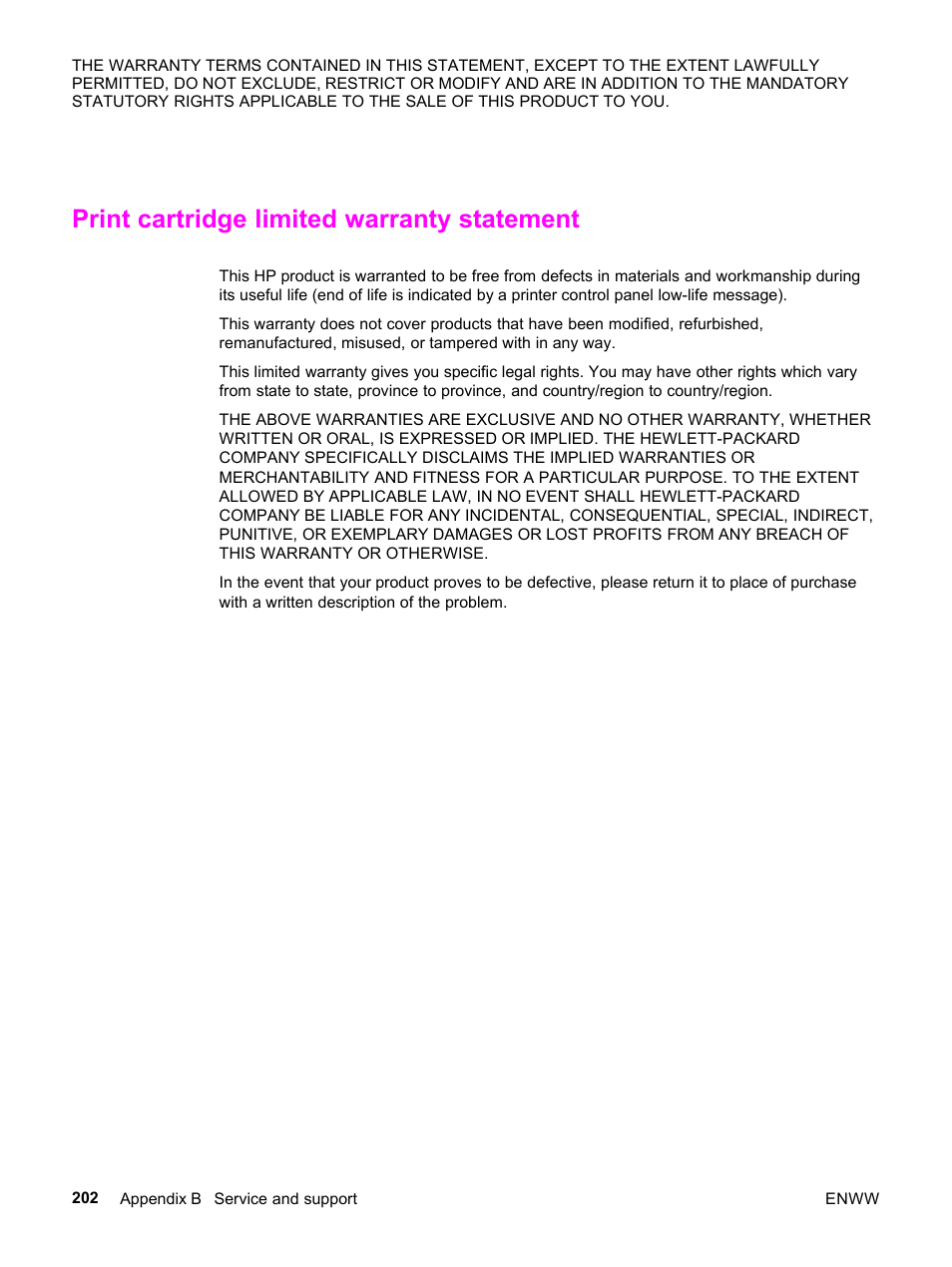 Print cartridge limited warranty statement | HP 3500 User Manual | Page 214 / 252