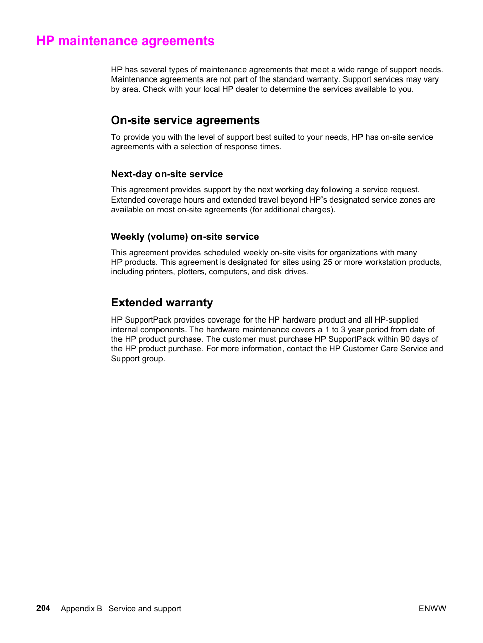 Hp maintenance agreements, On-site service agreements, Extended warranty | On-site service agreements extended warranty | HP 3500 User Manual | Page 216 / 252