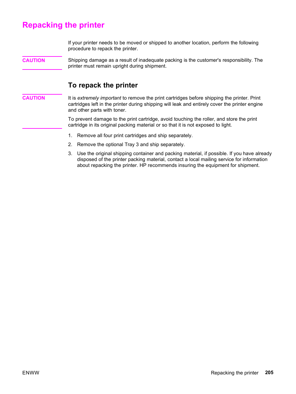Repacking the printer, To repack the printer | HP 3500 User Manual | Page 217 / 252