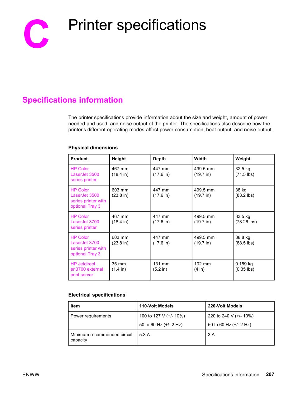 Printer specifications, Specifications information, Appendix c printer specifications | HP 3500 User Manual | Page 219 / 252