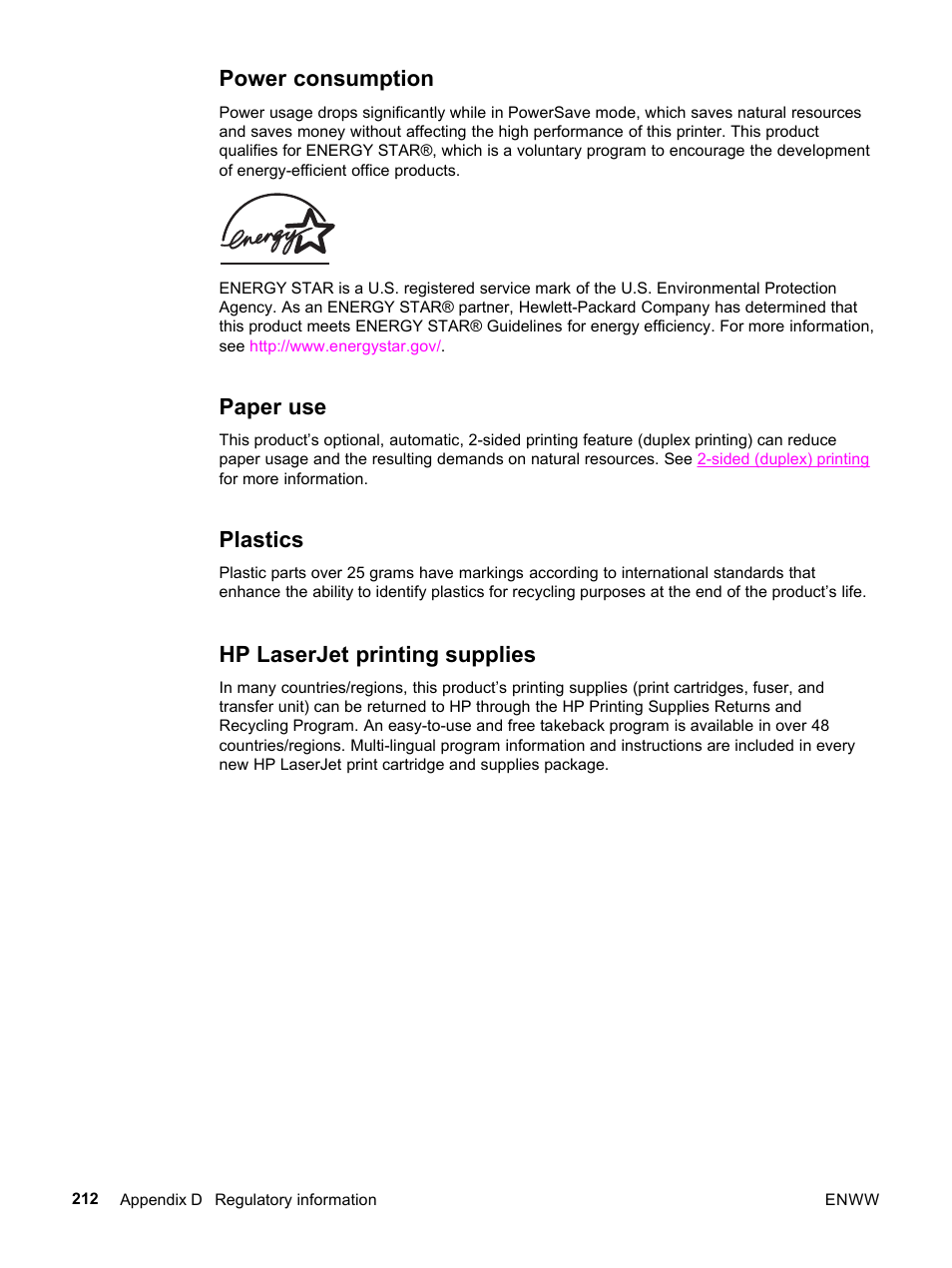 Power consumption, Paper use, Plastics | Hp laserjet printing supplies | HP 3500 User Manual | Page 224 / 252