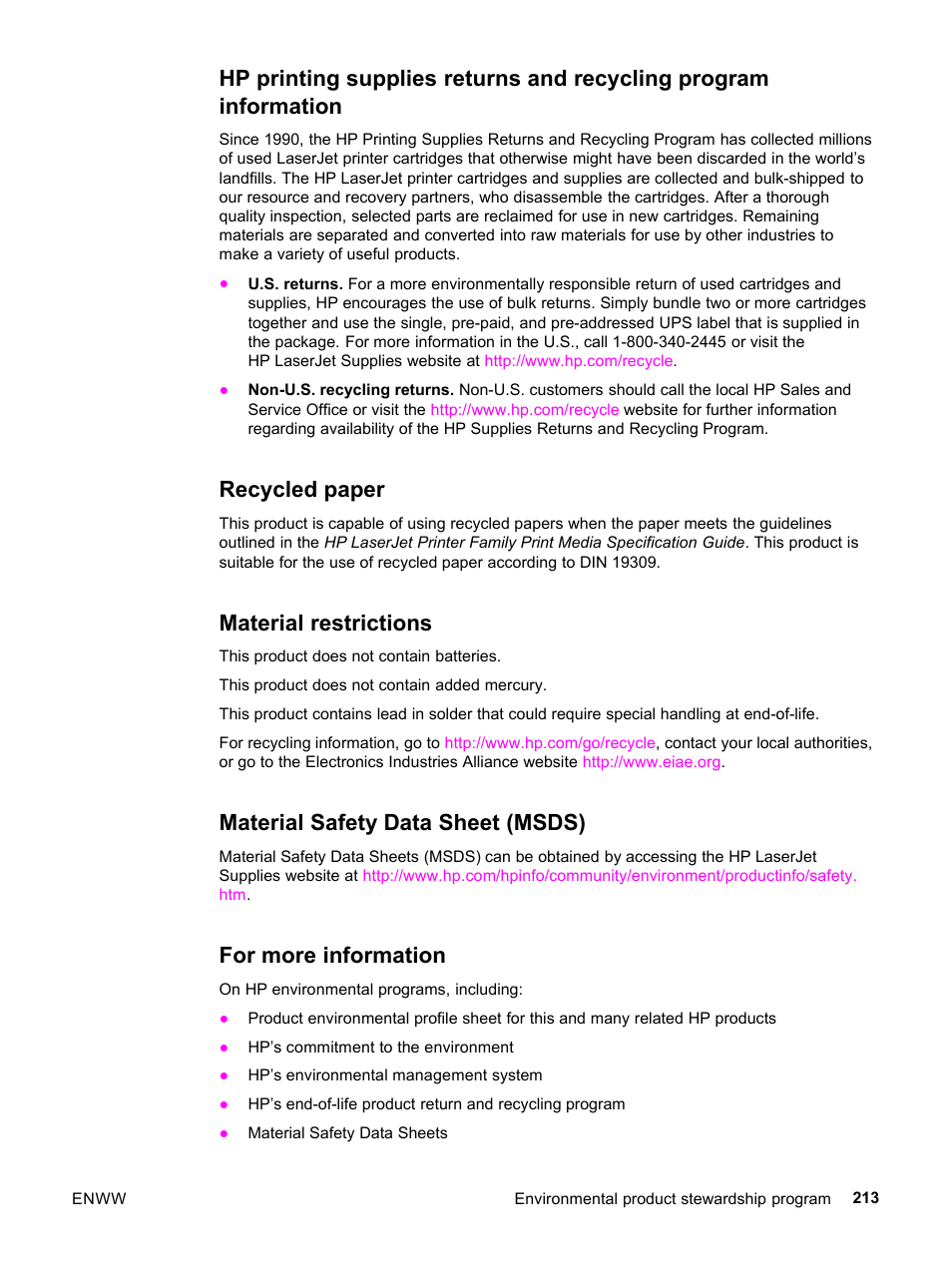 Recycled paper, Material restrictions, Material safety data sheet (msds) | For more information | HP 3500 User Manual | Page 225 / 252