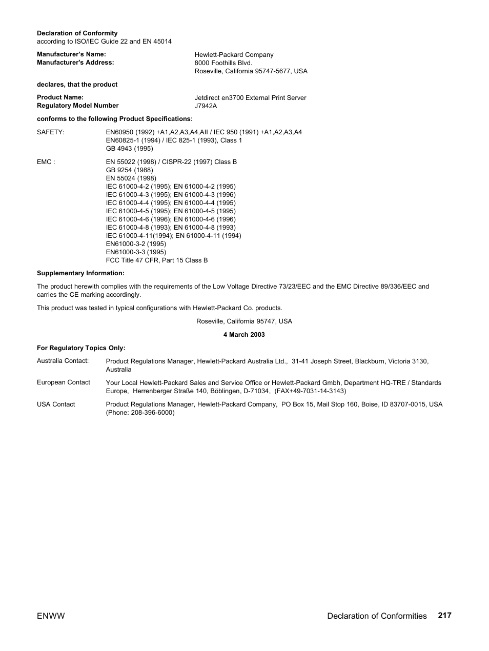 Enww declaration of conformities 217 | HP 3500 User Manual | Page 229 / 252