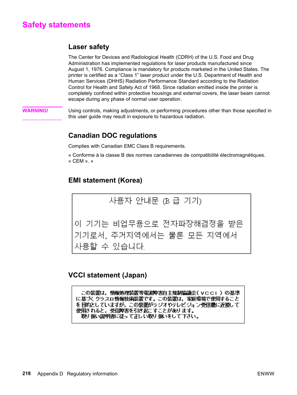 Safety statements, Laser safety, Canadian doc regulations | Emi statement (korea), Vcci statement (japan), Emi statement (korea) vcci statement (japan) | HP 3500 User Manual | Page 230 / 252