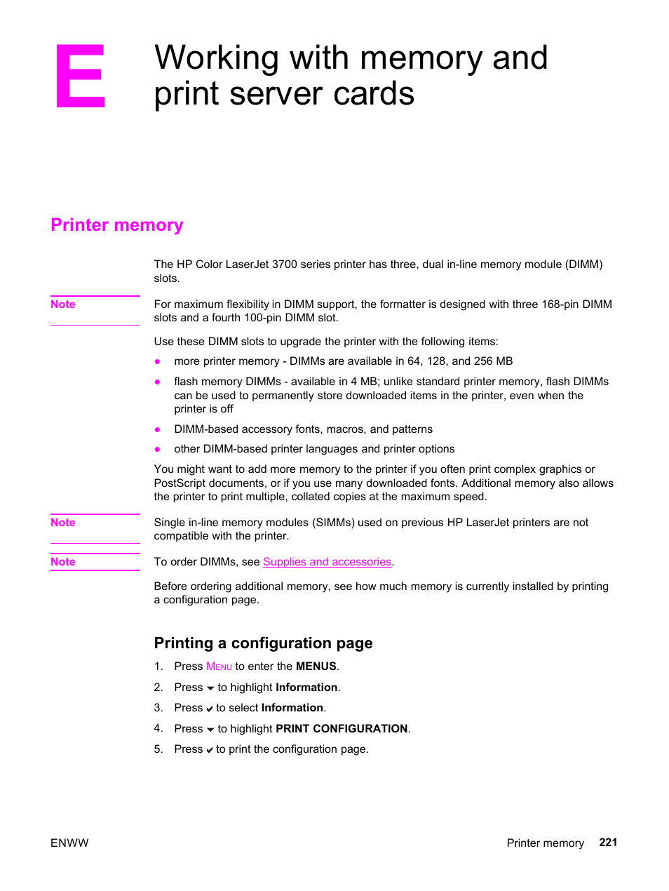 Working with memory and print server cards, Printer memory | HP 3500 User Manual | Page 233 / 252