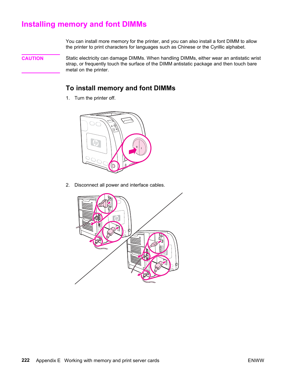 Installing memory and font dimms, To install memory and font dimms | HP 3500 User Manual | Page 234 / 252