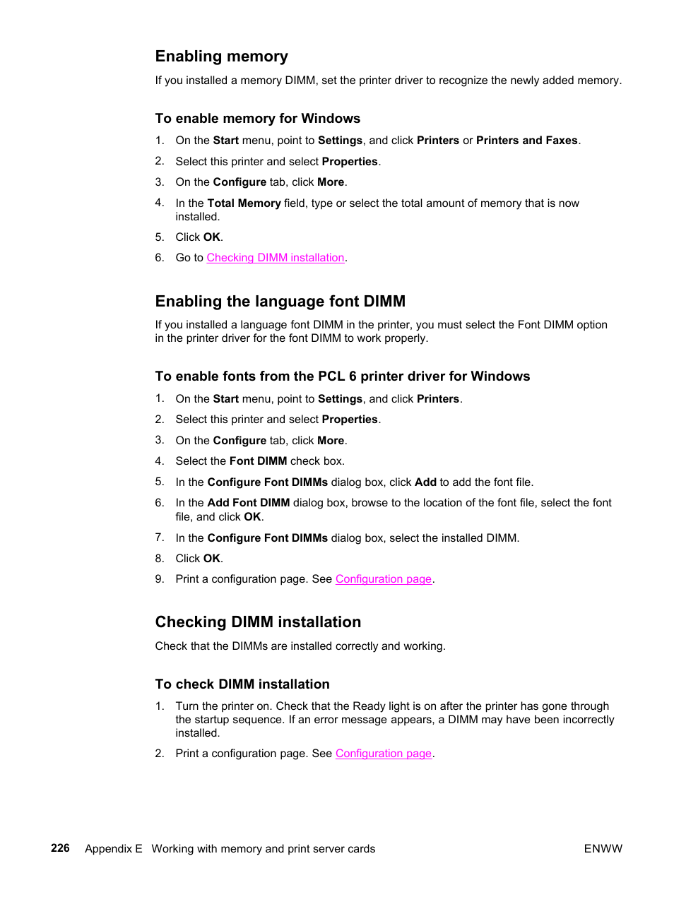 Enabling memory, Enabling the language font dimm, Checking dimm installation | HP 3500 User Manual | Page 238 / 252