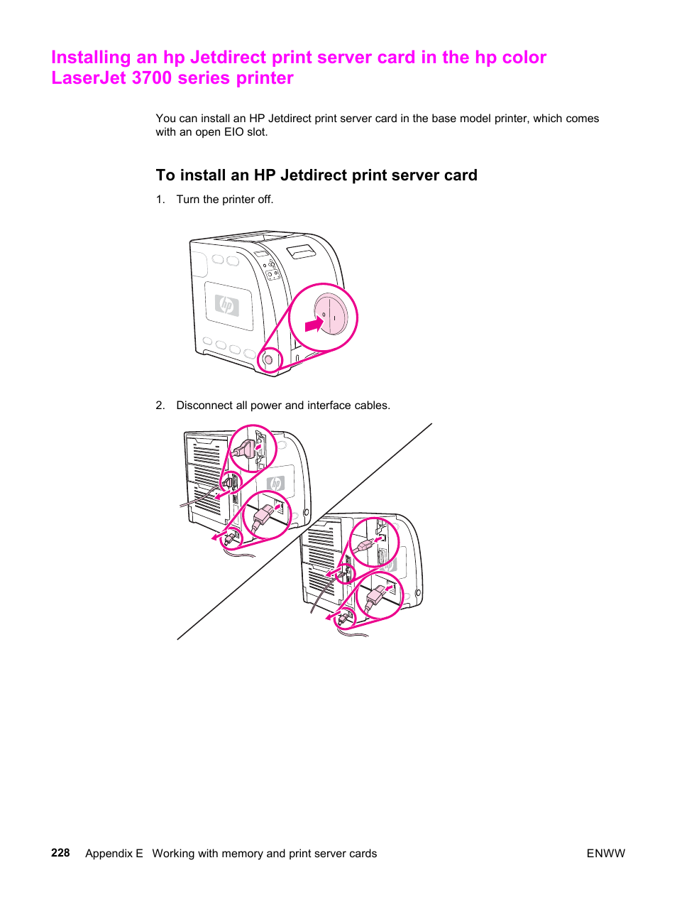 To install an hp jetdirect print server card | HP 3500 User Manual | Page 240 / 252