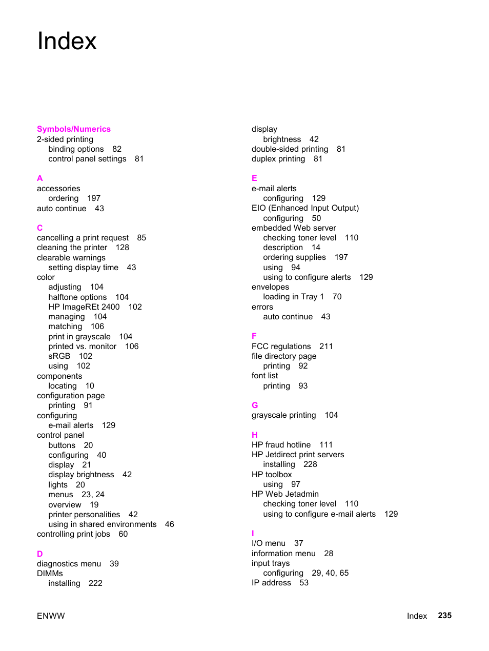 Index | HP 3500 User Manual | Page 247 / 252