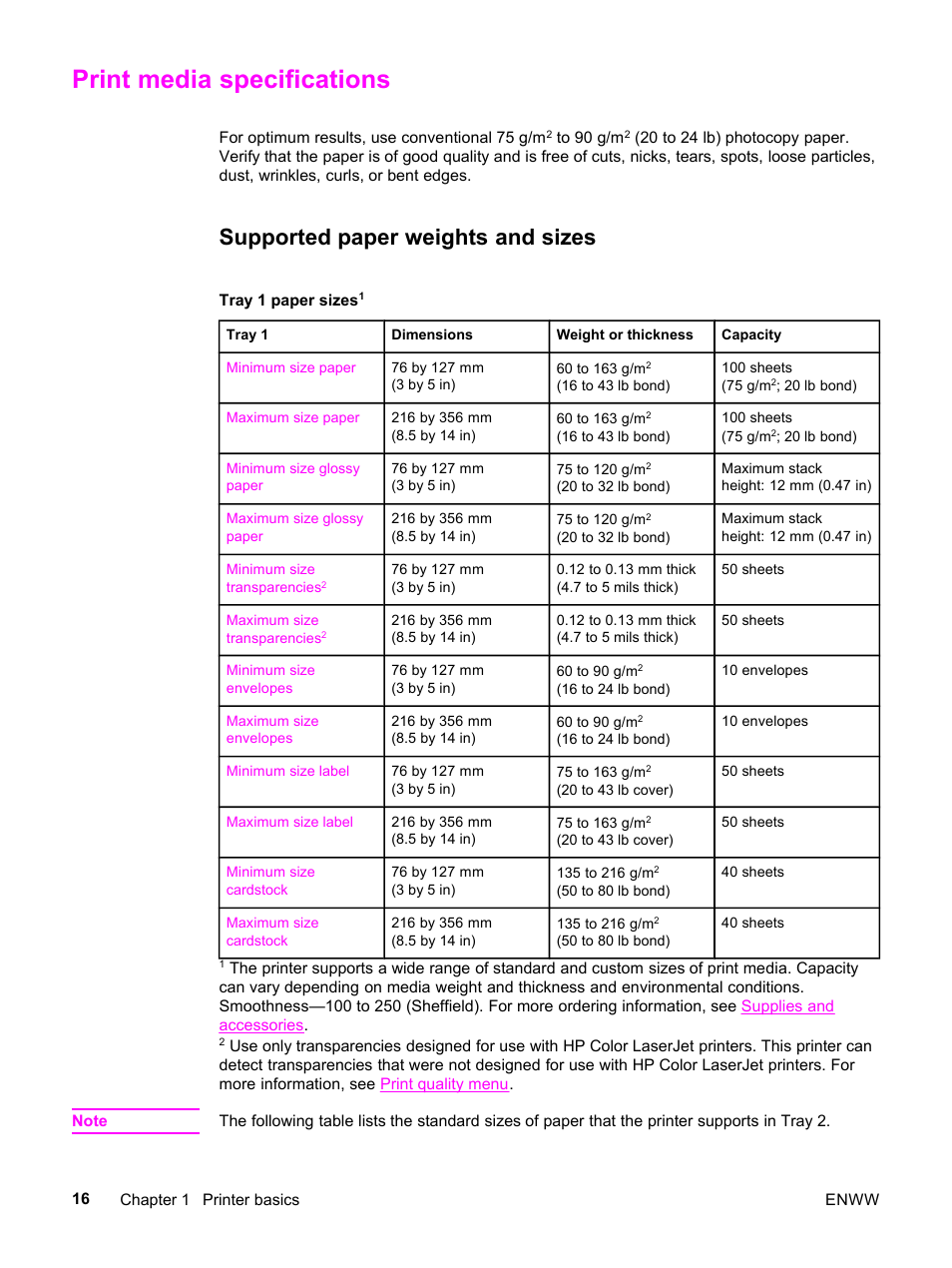 Print media specifications, Supported paper weights and sizes, Supported | Paper weights and sizes | HP 3500 User Manual | Page 28 / 252
