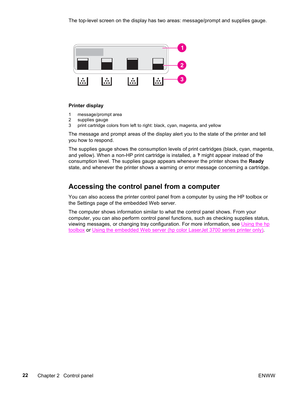 Accessing the control panel from a computer | HP 3500 User Manual | Page 34 / 252