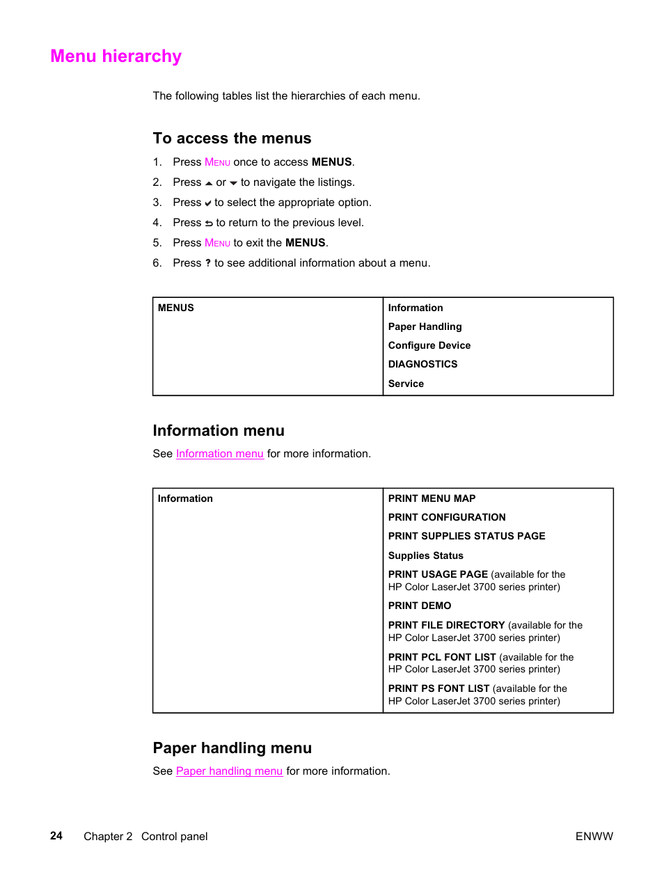 Menu hierarchy, To access the menus, Information menu | Paper handling menu | HP 3500 User Manual | Page 36 / 252