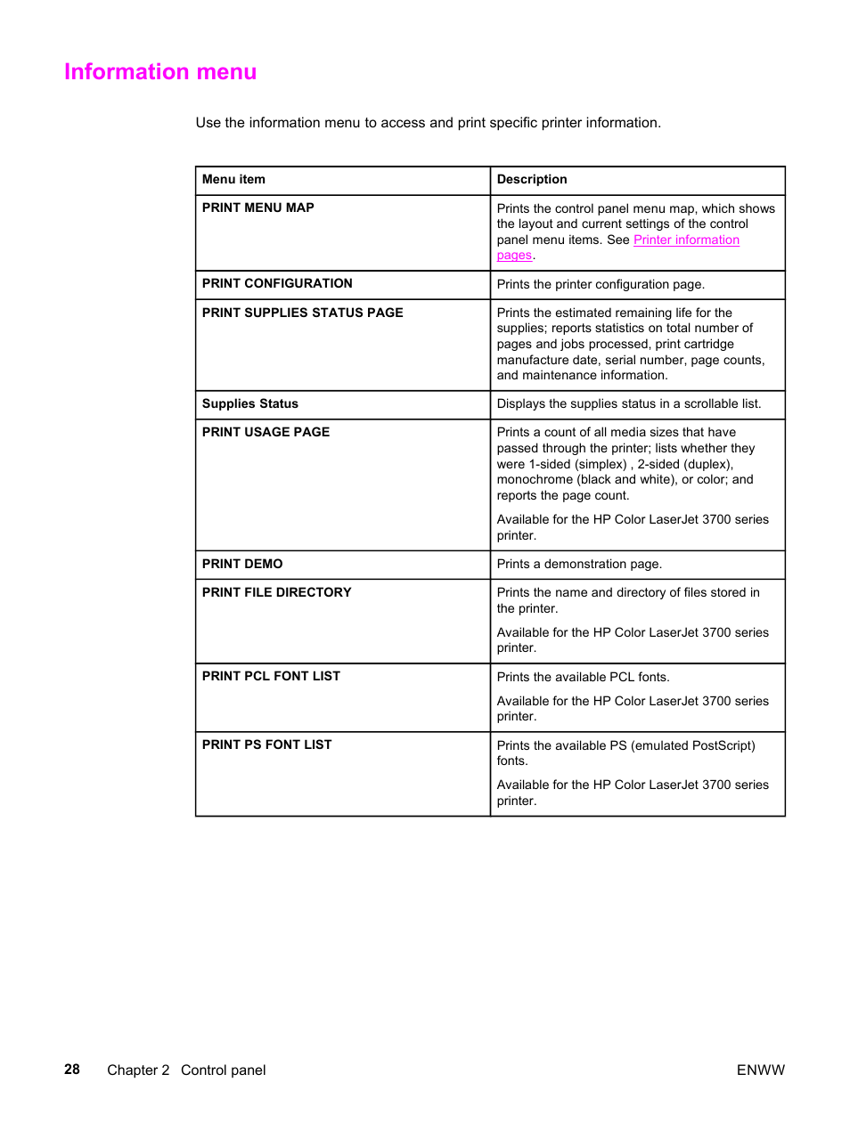 Information menu | HP 3500 User Manual | Page 40 / 252