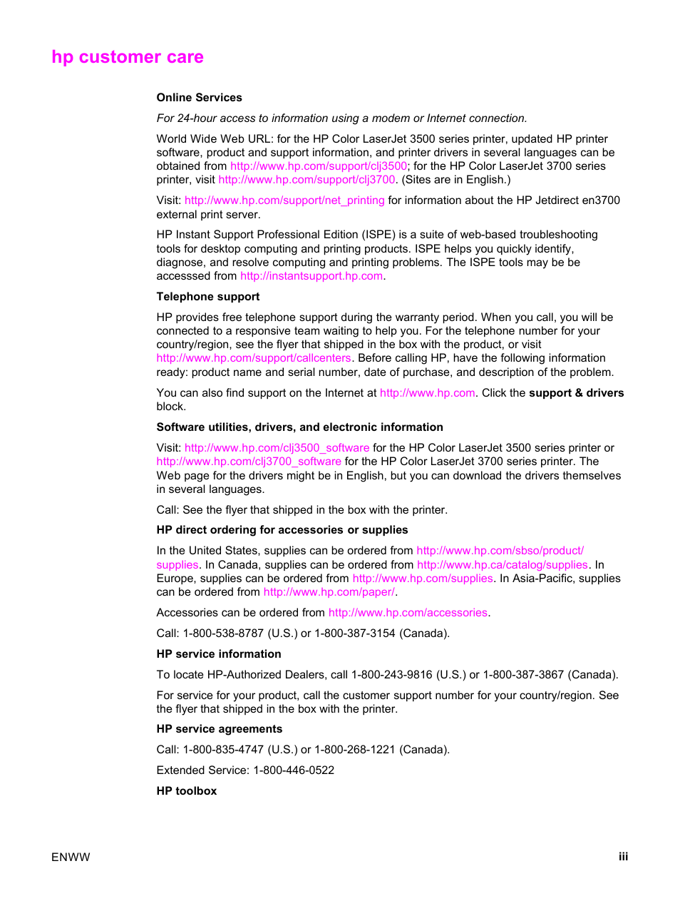 Hp customer care | HP 3500 User Manual | Page 5 / 252