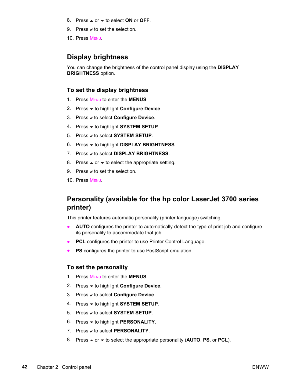Display brightness, Personality (available for the, Hp color laserjet 3700 series printer) | HP 3500 User Manual | Page 54 / 252