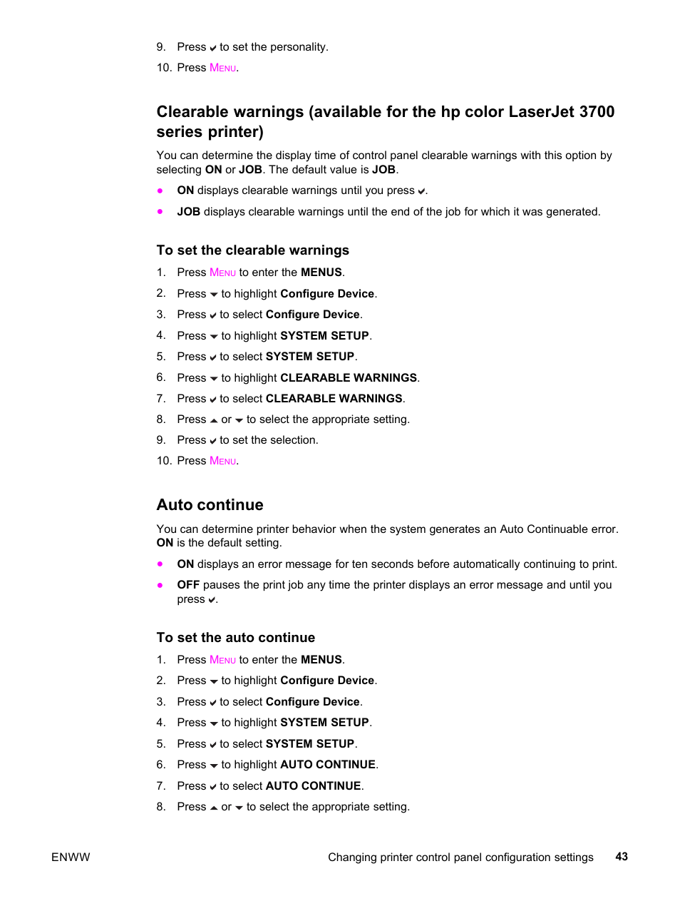 Auto continue, Clearable warnings (available for, The hp color laserjet 3700 series printer) | HP 3500 User Manual | Page 55 / 252