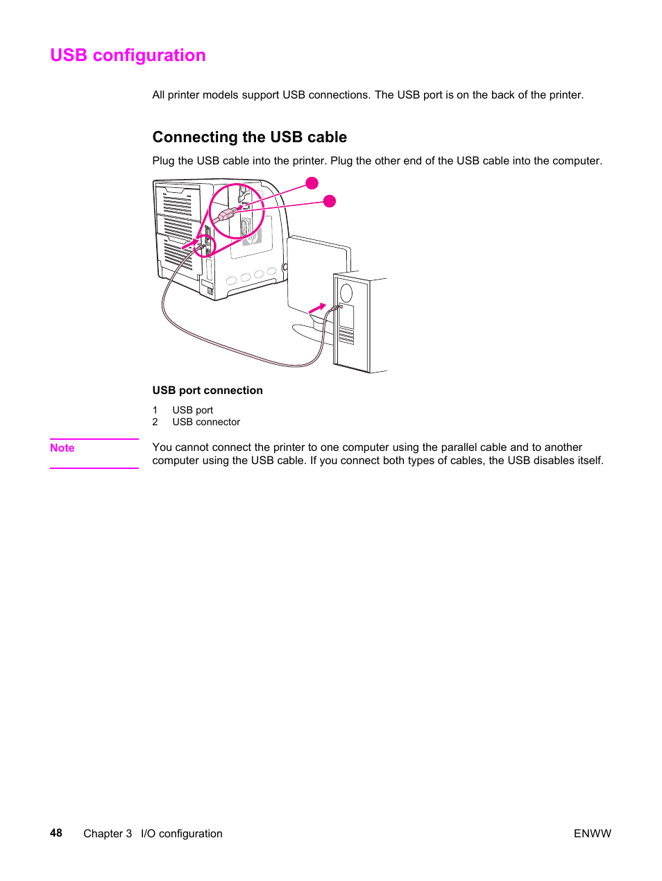 Usb configuration, Connecting the usb cable | HP 3500 User Manual | Page 60 / 252