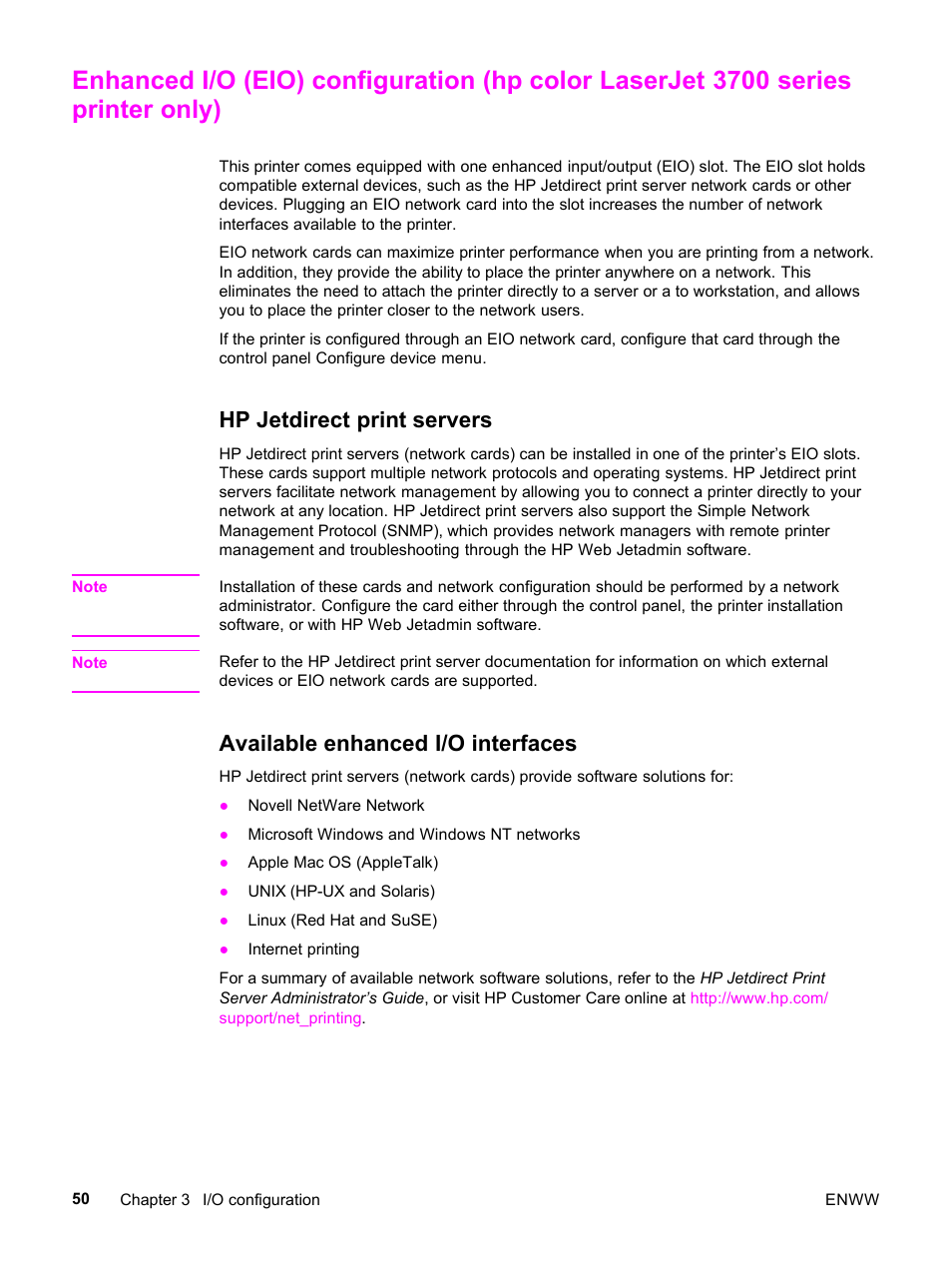 Hp jetdirect print servers, Available enhanced i/o interfaces | HP 3500 User Manual | Page 62 / 252